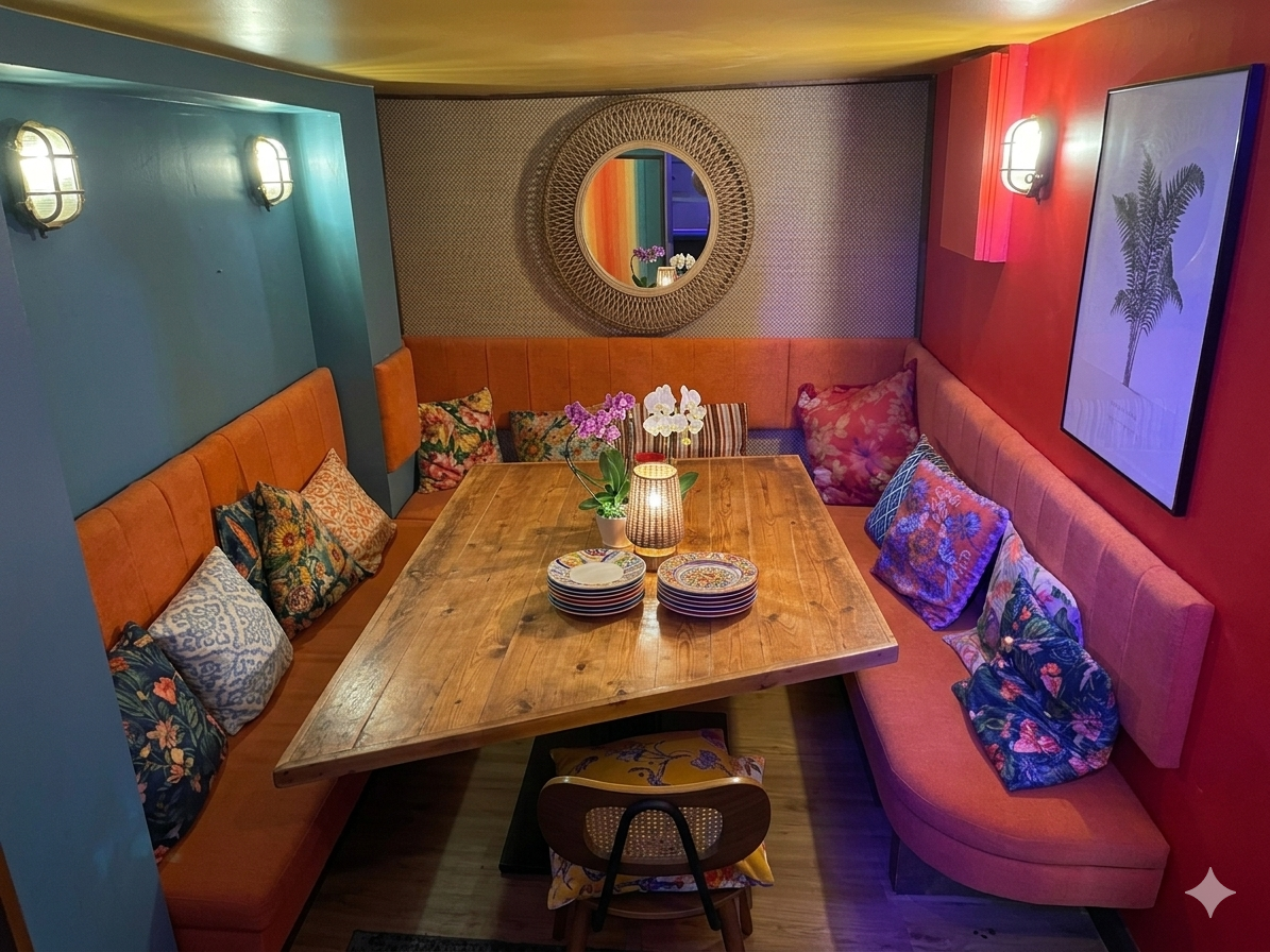 U-shaped booth in orange and coral velvet with fluted backs, filling a colourful snug around a reclaimed timber table.
